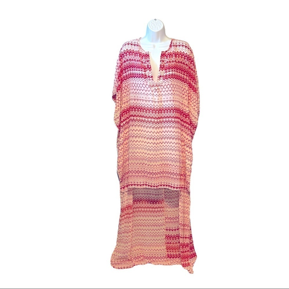 Elan Zigzag Kaftan Sheer V-Neck Hi/Lo Hem Kimono Swim Cover-Up Small